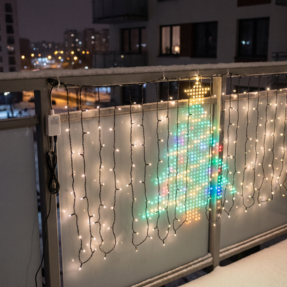Close up of LED strands and controller on railing